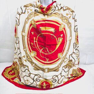 Forele Silk Scarf Satin  - Vintage - Large 42"42" pink  red Ivery gold   (48)